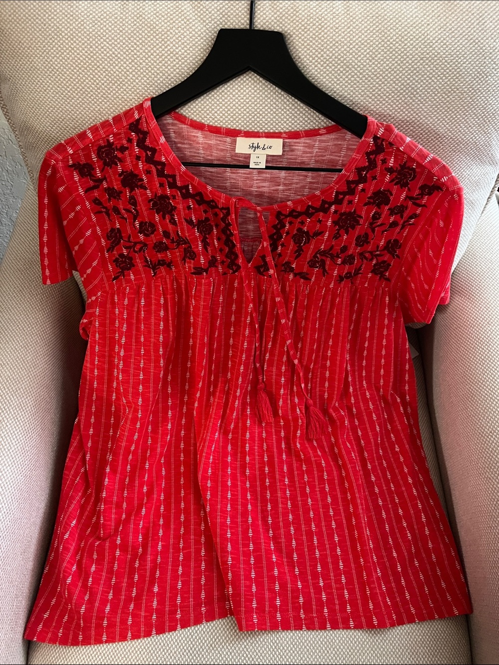 Style & Co. Red Embroidered Tie-Front Peasant Top